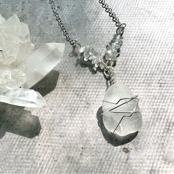 Ocean Seaglass + Opal Crystal Handmade Necklace - Picture 6 of 7